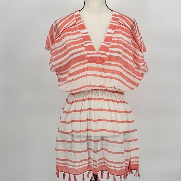 Athleta Beach‎ Cover Up Tassel Trim Stripe Coral & White Size Xsmall - Picture 1 of 9